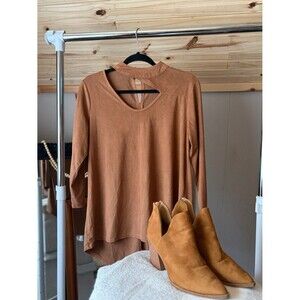 Cato Tan Suede Stylish Long Sleeve Top with Choker Neck Neck Cut Out Fall Size M